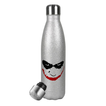 The joker smile, Μεταλλικό παγούρι θερμός Glitter Aσημένιο (Stainless steel), διπλού τοιχώματος, 500ml