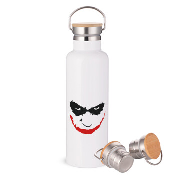 The joker smile, Μεταλλικό παγούρι θερμός (Stainless steel) Λευκό με ξύλινο καπακι (bamboo), διπλού τοιχώματος, 750ml