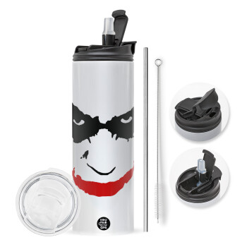 The joker smile, Travel Tumbler θερμό με διπλό καπάκι, μεταλλικό καλαμάκι και βούρτσα καθαρισμού (Ανωξείδωτο 304 Food grade, BPA free, 600ml)