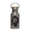 Stainless steel metallic thermos flask, silver with a bamboo lid, double-walled, 350ml.