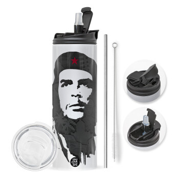 Che Guevara, Travel Tumbler 2 Lids, with metal straw & cleaning brush (Stainless steel 304 Food grade, BPA free, 600ml)