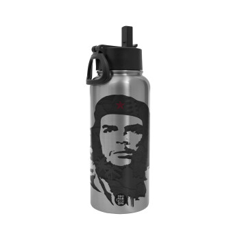 Che Guevara, Μεταλλικό παγούρι θερμός Silver με καλαμάκι και χερούλι (Stainless steel), διπλού τοιχώματος, 950ml