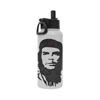 Che Guevara, Μεταλλικό παγούρι θερμός Λευκό με καλαμάκι και χερούλι (Stainless steel), διπλού τοιχώματος, 950ml