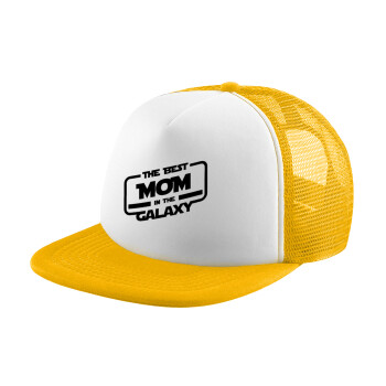 The Best MOM in the Galaxy, Adult Soft Trucker Hat with Yellow/White Mesh (POLYESTER, ADULT, UNISEX, ONE SIZE)