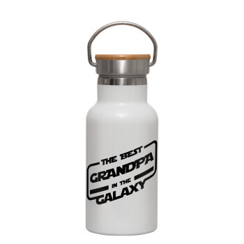 The Best GRANDPA in the Galaxy, Metallic thermos (Stainless steel) White with wooden lid (bamboo), double-walled, 350ml