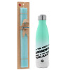 Easter Set, Metallic green/white thermos (Stainless steel), double-walled, 500ml & scented flat Easter candle (30cm) (TURQUOISE)