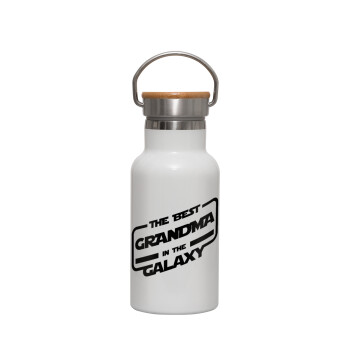 The Best GRANDMA in the Galaxy, Metallic thermos (Stainless steel) White with wooden lid (bamboo), double-walled, 350ml