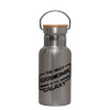 Stainless steel metallic thermos flask, silver with a bamboo lid, double-walled, 350ml.