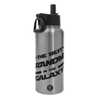 The Best GRANDMA in the Galaxy, Metal mug thermo Silver with Straw and Spout Lid (Stainless steel), double wall, 950ml