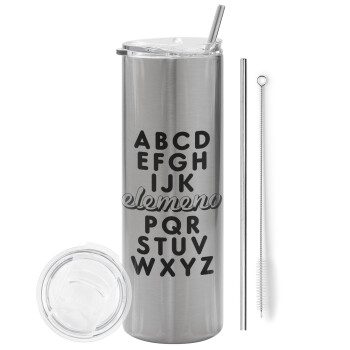 ABCD Elemeno Alphabet , Eco friendly stainless steel Silver tumbler 600ml, with metal straw & cleaning brush