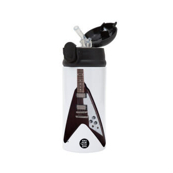 Guitar flying V, Children's hot water bottle, stainless steel, with safety straw, Black (360ml) BPA-FREE