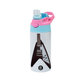 Guitar flying V, Children's hot water bottle, stainless steel, with safety straw, Pink/BlueCiel (360ml) BPA FREE