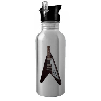 Guitar flying V, Water bottle Silver with straw, stainless steel 600ml