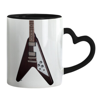 Guitar flying V, Mug heart black handle, ceramic, 330ml