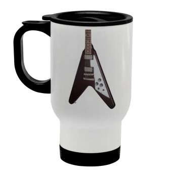 Guitar flying V, Stainless steel travel mug with lid, double wall white 450ml