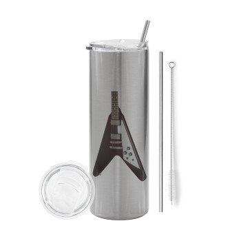 Guitar flying V, Eco friendly stainless steel Silver tumbler 600ml, with metal straw & cleaning brush