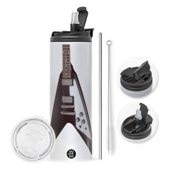 Guitar flying V, Travel Tumbler 2 Lids, with metal straw & cleaning brush (Stainless steel 304 Food grade, BPA free, 600ml)