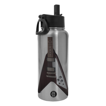 Guitar flying V, Metal mug thermo Silver with Straw and Spout Lid (Stainless steel), double wall, 950ml