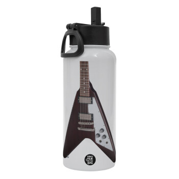 Guitar flying V, Metal mug thermo White with Straw and Spout Lid (Stainless steel), double wall, 950ml