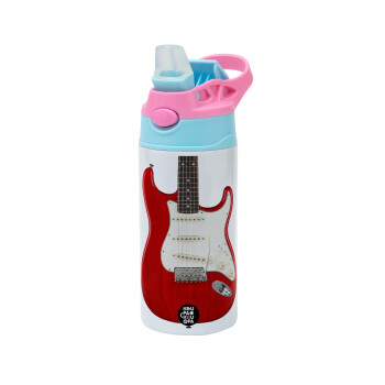 Guitar stratocaster, Children's hot water bottle, stainless steel, with safety straw, Pink/BlueCiel (360ml) BPA FREE