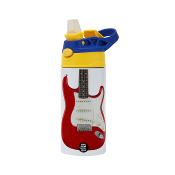 Guitar stratocaster, Children's hot water bottle, stainless steel, with safety straw, green, blue (360ml) BPA FREE