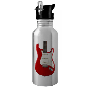 Guitar stratocaster, Water bottle Silver with straw, stainless steel 600ml