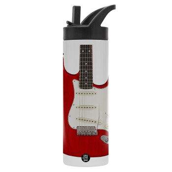 Guitar stratocaster, Μεταλλικό παγούρι θερμός με καλαμάκι & χειρολαβή, ανοξείδωτο ατσάλι (Stainless steel 304), διπλού τοιχώματος, 600ml