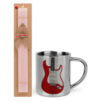 Guitar stratocaster, Easter Set, metallic thermal cup (300ml) & aromatic flat Easter candle (30cm) (PINK)