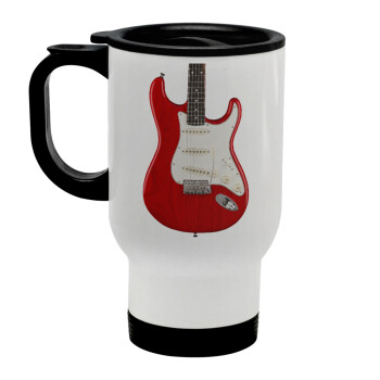 Guitar stratocaster, Stainless steel travel mug with lid, double wall white 450ml