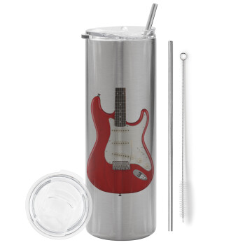 Guitar stratocaster, Eco friendly stainless steel Silver tumbler 600ml, with metal straw & cleaning brush