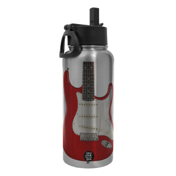 Guitar stratocaster, Metal mug thermo Silver with Straw and Spout Lid (Stainless steel), double wall, 950ml