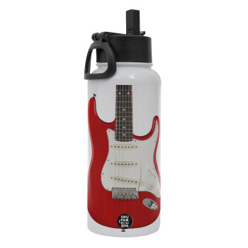 Guitar stratocaster, Metal mug thermo White with Straw and Spout Lid (Stainless steel), double wall, 950ml