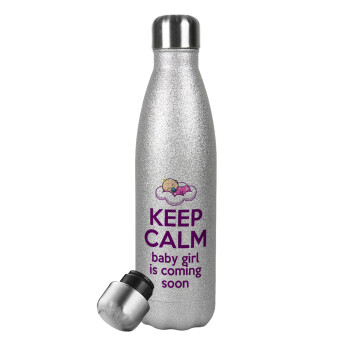 KEEP CALM baby girl is coming soon!!!, Μεταλλικό παγούρι θερμός Glitter Aσημένιο (Stainless steel), διπλού τοιχώματος, 500ml