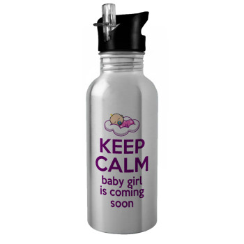 KEEP CALM baby girl is coming soon!!!, Water bottle Silver with straw, stainless steel 600ml