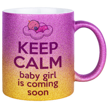 KEEP CALM baby girl is coming soon!!!, Κούπα Χρυσή/Ροζ Glitter, κεραμική, 330ml