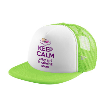 KEEP CALM baby girl is coming soon!!!, Adult Soft Trucker Hat with Mesh GREEN/WHITE (POLYESTER, ADULT, ONE SIZE)