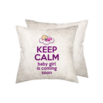 KEEP CALM baby girl is coming soon!!!, Μαξιλάρι καναπέ Δερματίνη Γκρι 40x40cm με γέμισμα