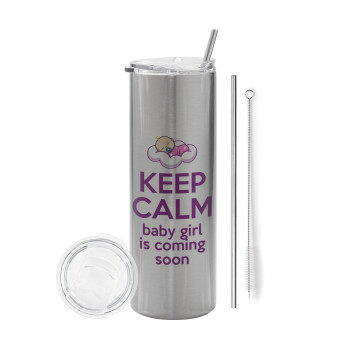 KEEP CALM baby girl is coming soon!!!, Tumbler ποτήρι θερμό Ασημένιο από ανοξείδωτο ατσάλι 600ml, με μεταλλικό καλαμάκι & βούρτσα καθαρισμού