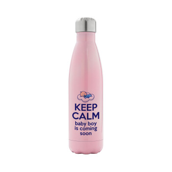 KEEP CALM baby boy is coming soon!!!, Metal mug thermos Pink Iridiscent (Stainless steel), double wall, 500ml