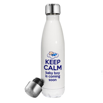 KEEP CALM baby boy is coming soon!!!, Metal mug thermos White (Stainless steel), double wall, 500ml