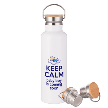 KEEP CALM baby boy is coming soon!!!, Μεταλλικό παγούρι θερμός (Stainless steel) Λευκό με ξύλινο καπακι (bamboo), διπλού τοιχώματος, 750ml