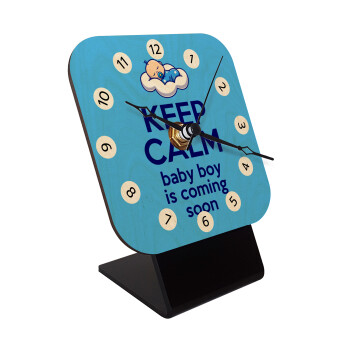 KEEP CALM baby boy is coming soon!!!, Επιτραπέζιο ρολόι σε φυσικό ξύλο (10cm)