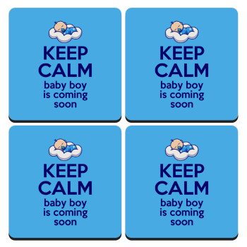 KEEP CALM baby boy is coming soon!!!, ΣΕΤ 4 Σουβέρ ξύλινα τετράγωνα (9cm)