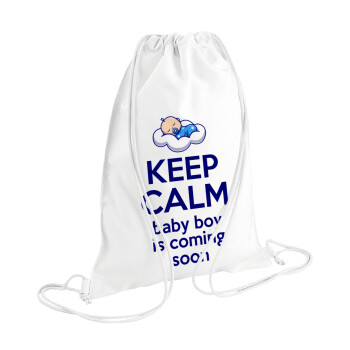 KEEP CALM baby boy is coming soon!!!, Backpack pouch GYMBAG white (28x40cm)