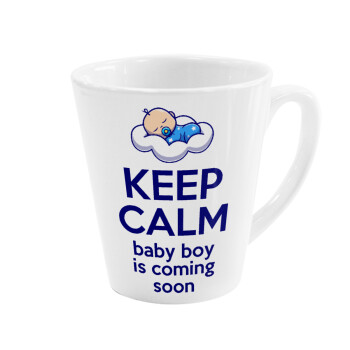 KEEP CALM baby boy is coming soon!!!, Κούπα κωνική Latte Λευκή, κεραμική, 300ml