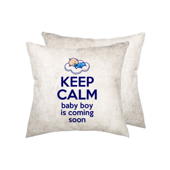 KEEP CALM baby boy is coming soon!!!, Μαξιλάρι καναπέ Δερματίνη Γκρι 40x40cm με γέμισμα