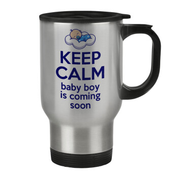 KEEP CALM baby boy is coming soon!!!, Stainless steel travel mug with lid, double wall 450ml