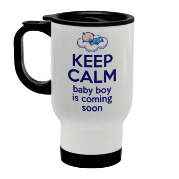 KEEP CALM baby boy is coming soon!!!, Κούπα ταξιδιού ανοξείδωτη με καπάκι, διπλού τοιχώματος (θερμό) λευκή 450ml