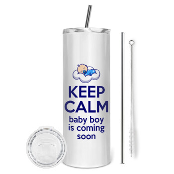 KEEP CALM baby boy is coming soon!!!, Eco friendly stainless steel tumbler 600ml, with metal straw & cleaning brush