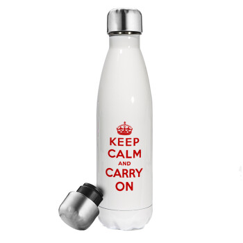 KEEP CALM  and carry on, Μεταλλικό παγούρι θερμός Λευκό (Stainless steel), διπλού τοιχώματος, 500ml